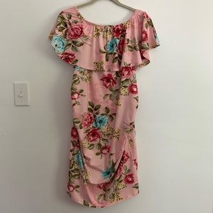 Pink blush off the shoulder maternity dress